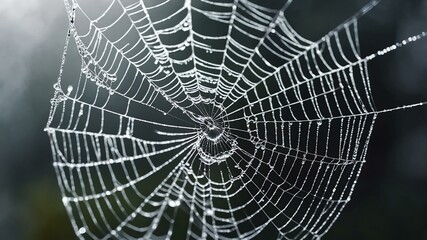 abstract eerie glowing white closeup of a spiderweb on misty background, bokeh background