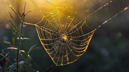 abstract eerie glowing yellow closeup of a spiderweb on misty background, bokeh background