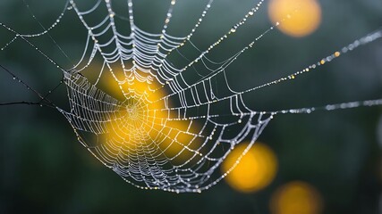 abstract eerie glowing yellow closeup of a spiderweb on misty background, bokeh background