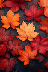 Poster - A close-up of vibrant red and orange maple leaves, floating gently on a pastel surface,