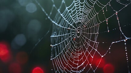 abstract eerie glowing red closeup of a spiderweb on misty background, bokeh background