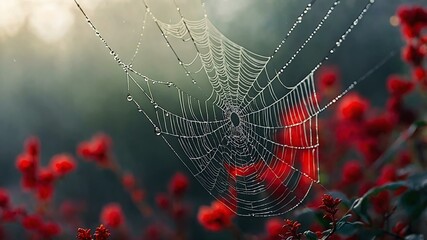 abstract eerie glowing red closeup of a spiderweb on misty background, bokeh background