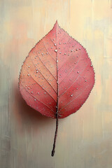 Poster - A single leaf with droplets of dew, floating softly on a pastel canvas,