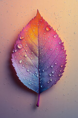 Poster - A single leaf with droplets of dew, floating softly on a pastel canvas,