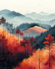 Poster - A misty landscape with rolling hills and colorful trees in the foreground, floating on a light pastel surface,