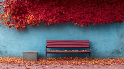 Poster - A bench in a park covered in fallen autumn leaves, isolated on a pastel background,