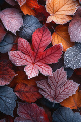 Poster - A close-up of frosted autumn leaves on the ground, floating on a pastel backdrop,