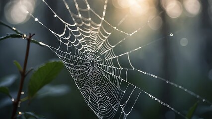 abstract eerie glowing white closeup of a spiderweb on misty background, bokeh background
