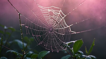 abstract eerie glowing pink closeup of a spiderweb on misty background, bokeh background