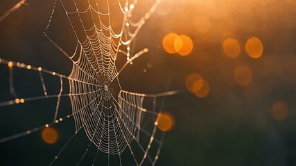 abstract eerie glowing orange closeup of a spiderweb on misty background, bokeh background