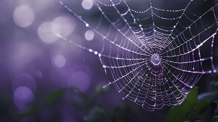 abstract eerie glowing purple closeup of a spiderweb on misty background, bokeh background