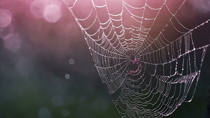abstract eerie glowing pink closeup of a spiderweb on misty background, bokeh background