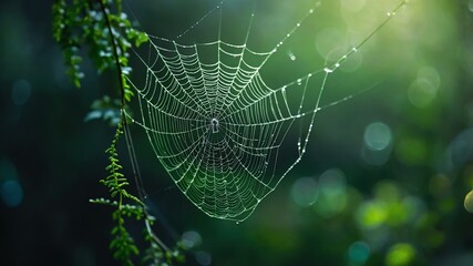 abstract eerie glowing green closeup of a spiderweb on misty background, bokeh background