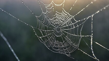 abstract eerie glowing gray closeup of a spiderweb on misty background, bokeh background
