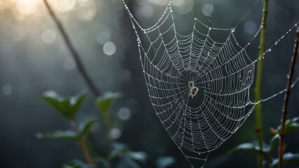 abstract eerie glowing gray closeup of a spiderweb on misty background, bokeh background