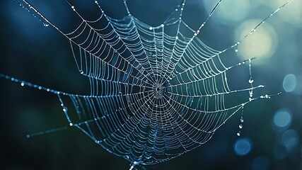 abstract eerie glowing blue closeup of a spiderweb on misty background, bokeh background