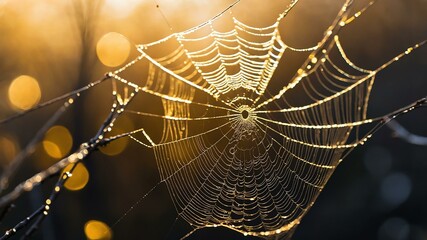 abstract eerie glowing gold closeup of a spiderweb on misty background, bokeh background