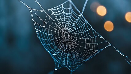abstract eerie glowing blue closeup of a spiderweb on misty background, bokeh background