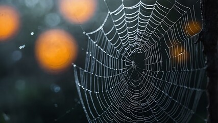 abstract eerie glowing black closeup of a spiderweb on misty background, bokeh background