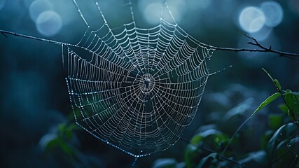 abstract eerie glowing blue closeup of a spiderweb on misty background, bokeh background