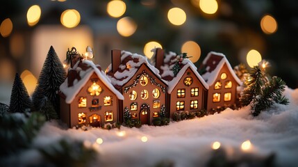 Christmas village glowing in the snow with golden lights background