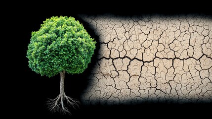 Green healthy tree with roots next to a cracked barren landscape, illustrating contrast between life and drought, environment, climate change.