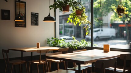 Poster - A cozy café showcases Scandinavian design with light wood tables and hanging plants. Sunlight streams through large windows, creating a warm and inviting atmosphere