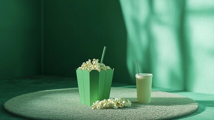 a racing green monochromatic 3d render of a pop corn box and a drink on a circular warm grey cinema carpet arranged in order, minimalistic, high resolution, cinema theme, pop aesthetics, global illumi