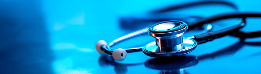 Close-up of a stethoscope on a blue reflective surface, symbolizing healthcare and medical profession.