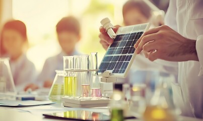Poster - Engineer Adjusting Mini Solar Panel Model in Classroom