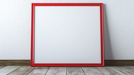 Poster - blank whiteboard with vibrant red frame rests on wooden floor, creating striking contrast against textured wall. This setup invites creativity and expression
