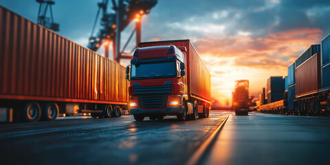 Freight trucks move along a dock, with industrial cranes silhouetted against a dusk sky.