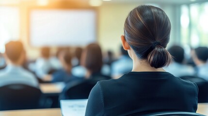 Wall Mural - Confident woman giving a presentation at a business conference, with a blurred background of participants, focusing on her engagement.