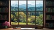 © Johannes - scenic bookshelf background interior home office library study window view of trees and hills backdrop. Rustic wood bookshelves in cozy room. Virtual online presentation teams meeting room background
