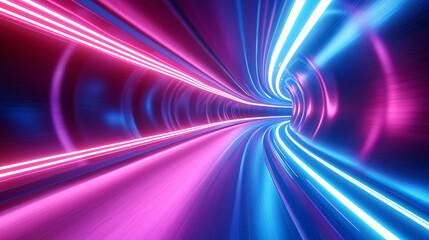 Poster - Dynamic abstract neon light trails create futuristic tunnel effect, showcasing vibrant pink and blue colors that evoke sense of speed and motion