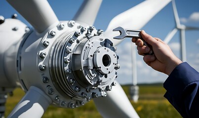 Poster - Engineer Holding Wind Turbine Component While Farmer Secures It