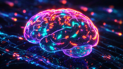 Poster - Futuristic digital illustration of human brain with vibrant neon colors, showcasing intricate patterns and connections, symbolizing advanced technology and intelligence