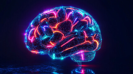 Poster - Futuristic digital illustration of human brain illuminated with vibrant neon colors, showcasing intricate neural connections and glowing effect. This artwork evokes sense of advanced technology and