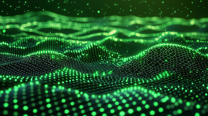 Poster - Futuristic green digital landscape with glowing hexagonal patterns creates mesmerizing visual experience. vibrant green tones and dynamic wave like structures evoke sense of innovation and