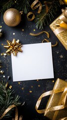 Wall Mural - festive christmas composition with blank white card, golden decorations, and pine branches on dark b