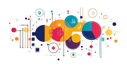 Poster - Abstract geometric shapes with lines and dots in bright colors on a white background.