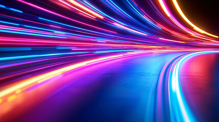 Poster - Vibrant abstract background featuring dynamic neon light trails creating sense of motion and energy. colorful lines evoke feeling of excitement and modernity