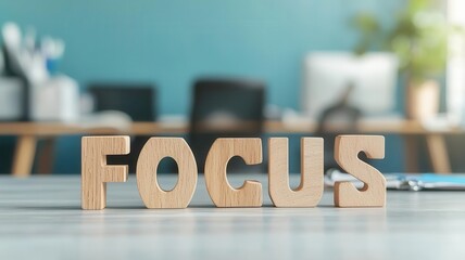 Wall Mural - focus wooden letters on a desk in a modern office environment, blurred background.