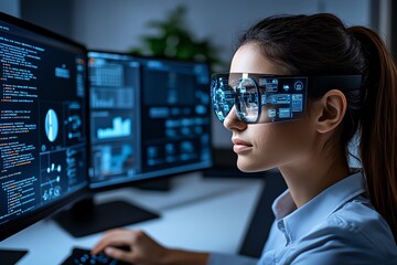 Poster - A high-tech workspace where a person reviews yesterdayâ€™s tasks, with holographic images and AI tools guiding them through the lessons learned.