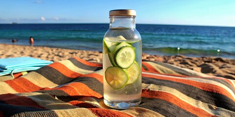 Poster - Bottle of cucumber-infused water on a beach towel.