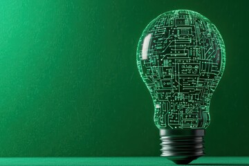 A glowing light bulb filled with intricate circuit patterns, set against a vibrant green background, symbolizing innovation.