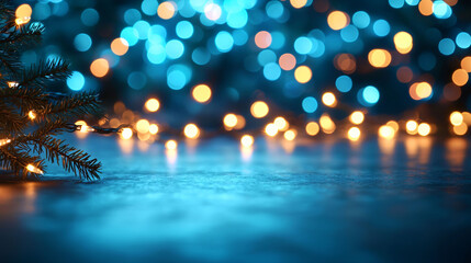 Poster - beautiful abstract blue bokeh background with blurred lights creates festive atmosphere, perfect for holiday celebrations. soft glow of lights enhances serene ambiance