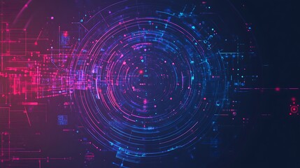 Poster - Abstract digital background with glowing pink and blue circles, lines and dots on a dark blue background.