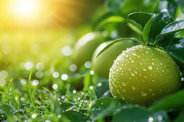 Freshly picked bergamot lies on damp grass, drops of dew glistening in the sun. Copy space. Concept: citrus trees, harvest, Seasonality and naturalness