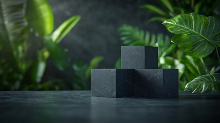Poster - A stylish black marble display pedestal stands in front of vibrant greenery, with soft sunlight creating gentle shadows, ideal for showcasing luxury items or decor